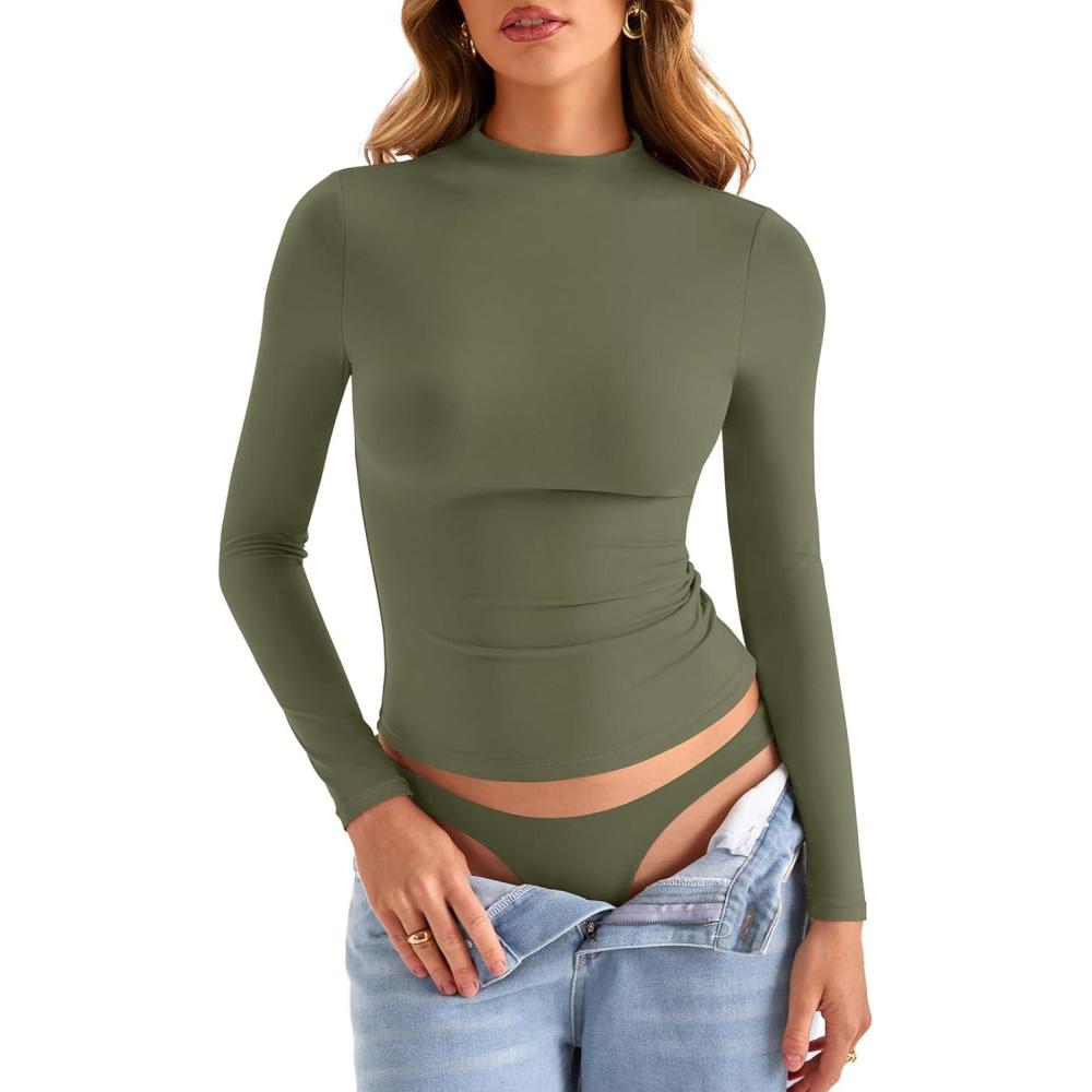 imageWomens Double Lined Mock Turtle Neck Long Sleeve Tops Slim Fitted Going Out Tops Basic T ShirtsArmy Green
