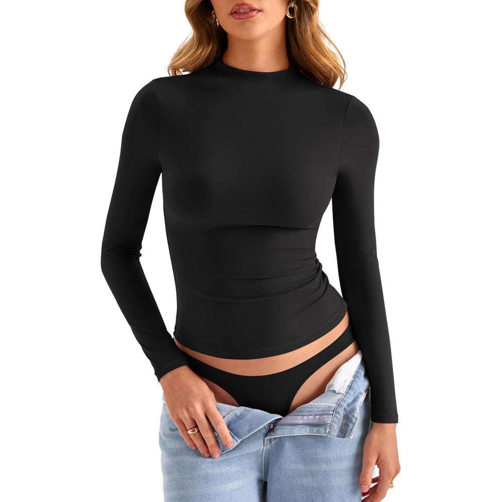 imageWomens Double Lined Mock Turtle Neck Long Sleeve Tops Slim Fitted Going Out Tops Basic T ShirtsBlack