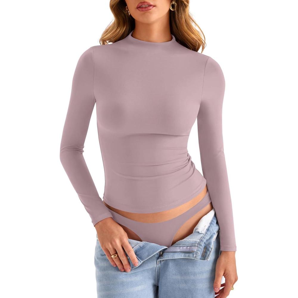 imageWomens Double Lined Mock Turtle Neck Long Sleeve Tops Slim Fitted Going Out Tops Basic T ShirtsDusty Pink