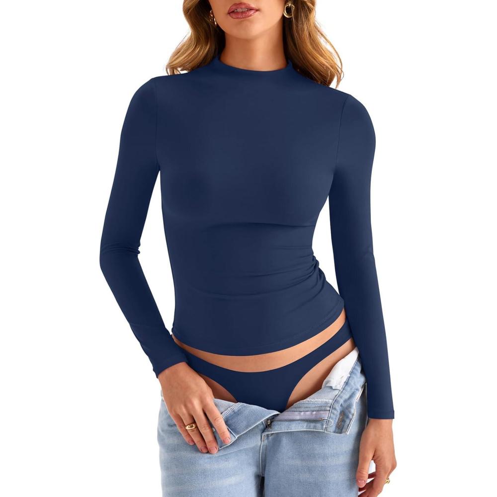 imageWomens Double Lined Mock Turtle Neck Long Sleeve Tops Slim Fitted Going Out Tops Basic T ShirtsEstate Blue