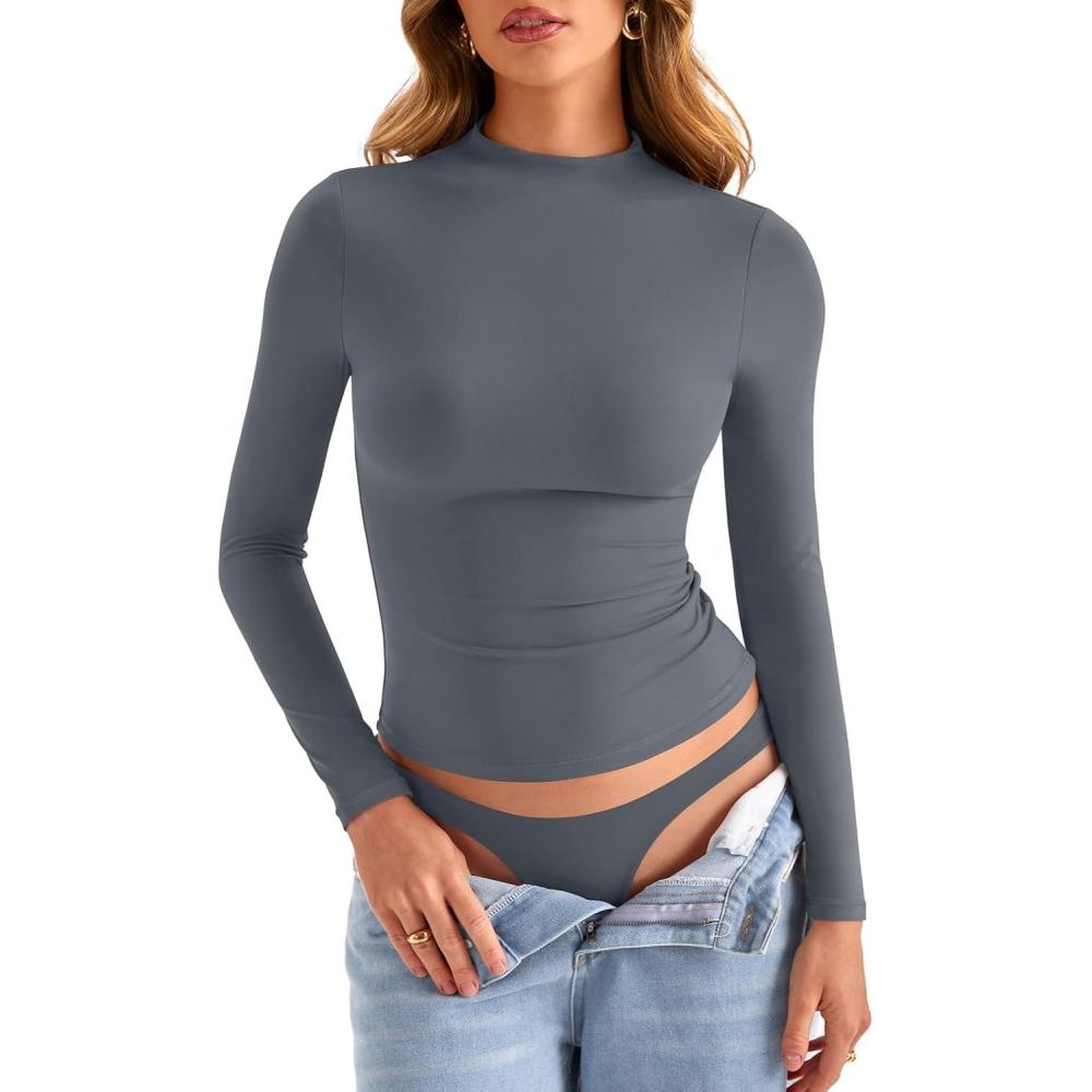 imageWomens Double Lined Mock Turtle Neck Long Sleeve Tops Slim Fitted Going Out Tops Basic T ShirtsGrey