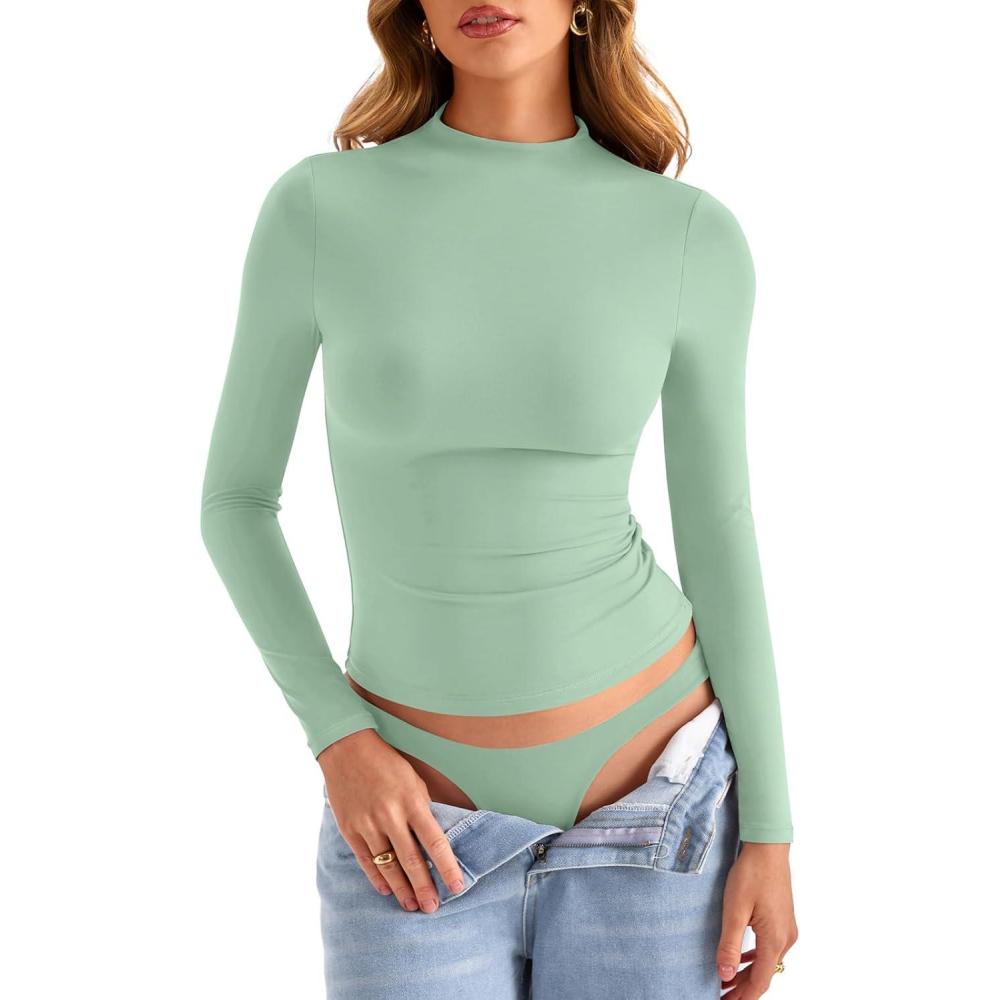 imageWomens Double Lined Mock Turtle Neck Long Sleeve Tops Slim Fitted Going Out Tops Basic T ShirtsLight Pea Green
