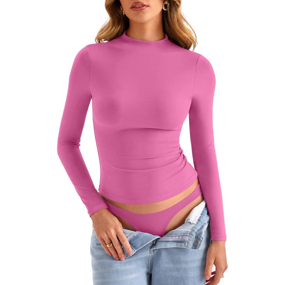 imageWomens Double Lined Mock Turtle Neck Long Sleeve Tops Slim Fitted Going Out Tops Basic T ShirtsPeach Pink