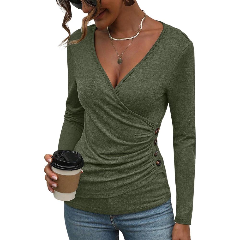 imageWomens Long Sleeve Deep V Neck Tops Wrap Ruched Slim Fit Shirts Button Side Blouse Sexy Fall Outfits 2025Army Green