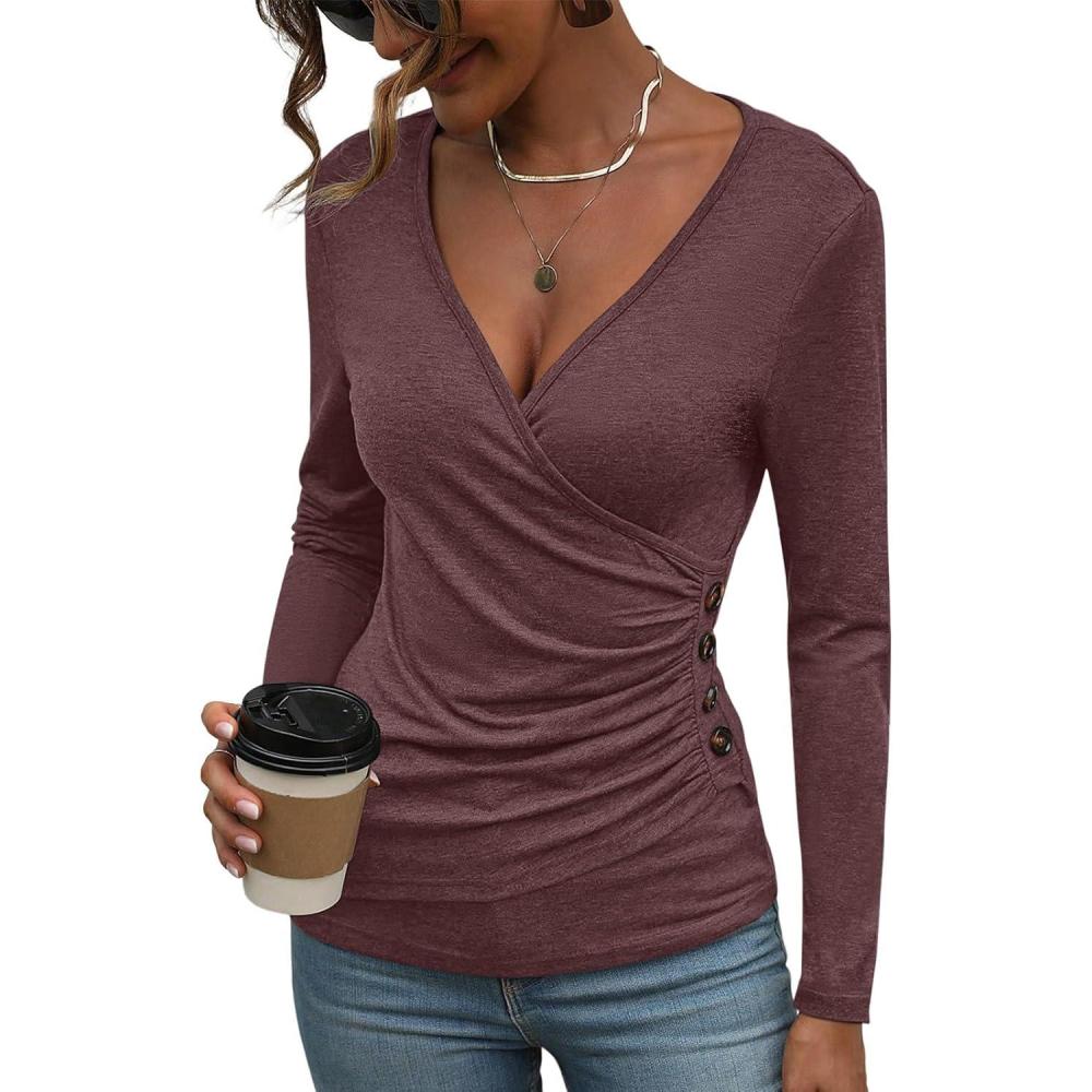 imageWomens Long Sleeve Deep V Neck Tops Wrap Ruched Slim Fit Shirts Button Side Blouse Sexy Fall Outfits 2025Burgundy
