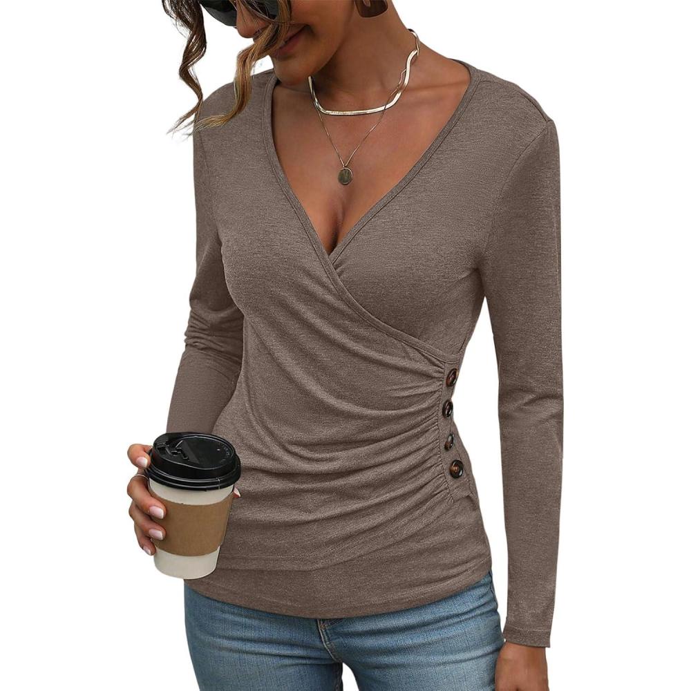 imageWomens Long Sleeve Deep V Neck Tops Wrap Ruched Slim Fit Shirts Button Side Blouse Sexy Fall Outfits 2025Coffee
