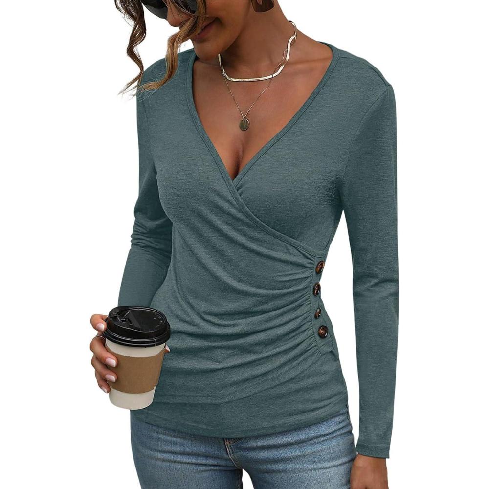 imageWomens Long Sleeve Deep V Neck Tops Wrap Ruched Slim Fit Shirts Button Side Blouse Sexy Fall Outfits 2025Dark Green