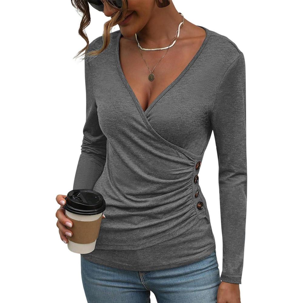 imageWomens Long Sleeve Deep V Neck Tops Wrap Ruched Slim Fit Shirts Button Side Blouse Sexy Fall Outfits 2025Dark Grey
