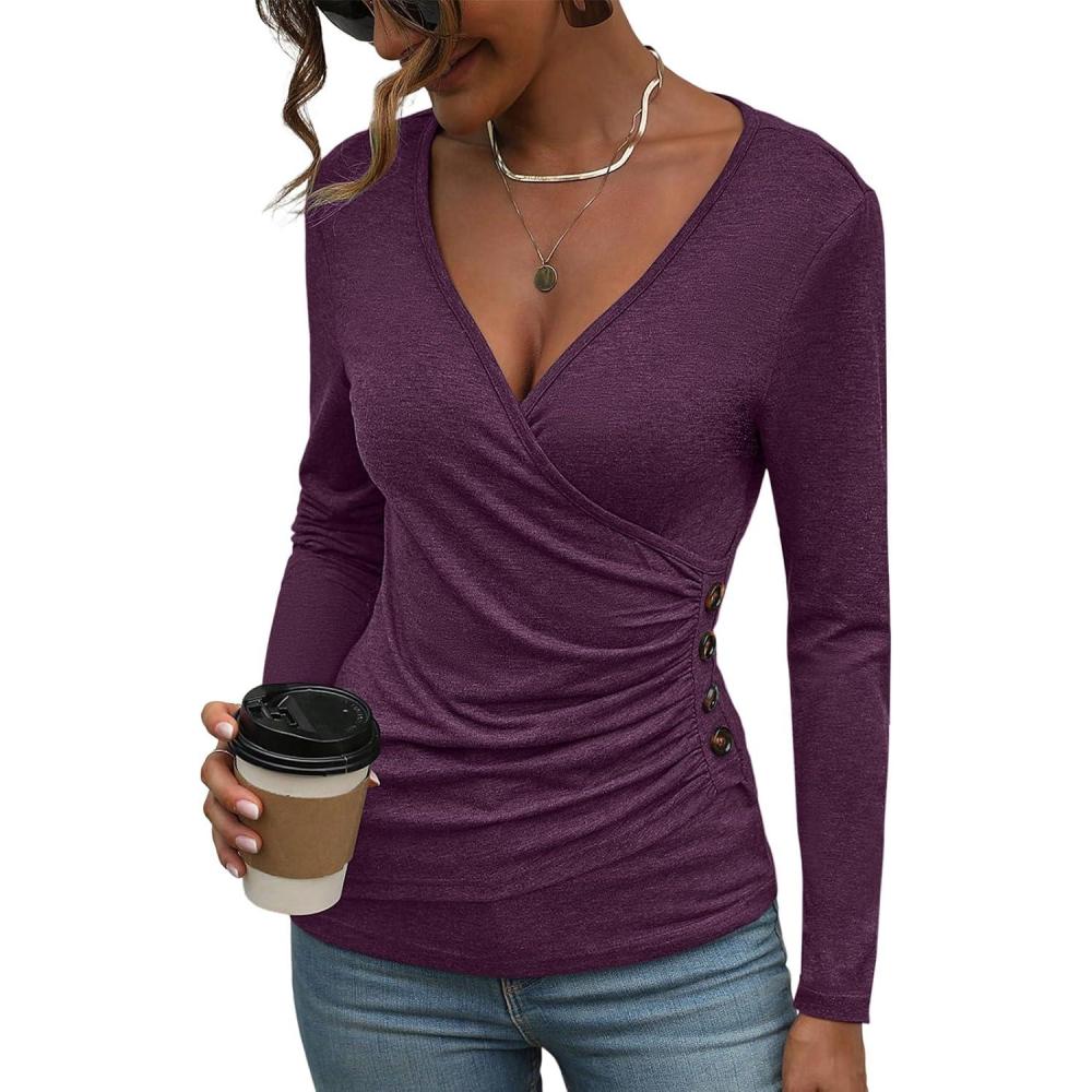 imageWomens Long Sleeve Deep V Neck Tops Wrap Ruched Slim Fit Shirts Button Side Blouse Sexy Fall Outfits 2025Dark Purple