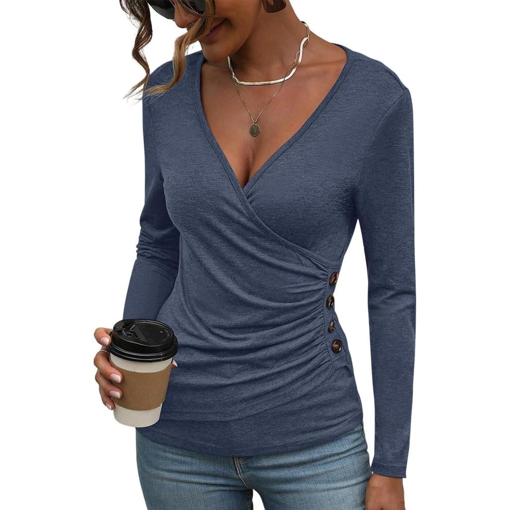 imageWomens Long Sleeve Deep V Neck Tops Wrap Ruched Slim Fit Shirts Button Side Blouse Sexy Fall Outfits 2025Navy Blue