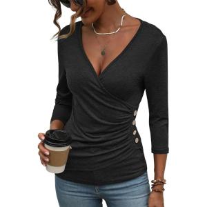 Deep V Neck 3/4 Length Sleeve Tops for Women Ruched Sexy Slim Fit Button Side Blouse(Black)