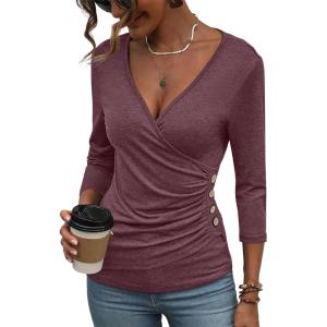 Deep V Neck 3/4 Length Sleeve Tops for Women Ruched Sexy Slim Fit Button Side Blouse(Burgundy)