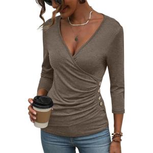 Deep V Neck 3/4 Length Sleeve Tops for Women Ruched Sexy Slim Fit Button Side Blouse(Coffee)
