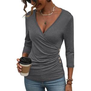 Deep V Neck 3/4 Length Sleeve Tops for Women Ruched Sexy Slim Fit Button Side Blouse(Dark Grey)