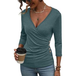 Deep V Neck 3/4 Length Sleeve Tops for Women Ruched Sexy Slim Fit Button Side Blouse(Dark Teal)