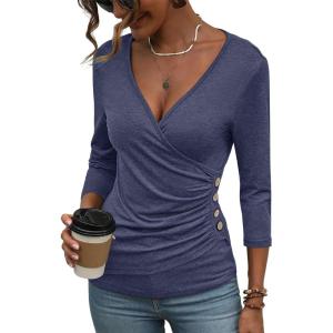 Deep V Neck 3/4 Length Sleeve Tops for Women Ruched Sexy Slim Fit Button Side Blouse(Navy Blue)