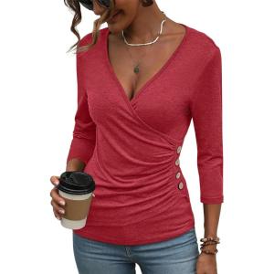 Deep V Neck 3/4 Length Sleeve Tops for Women Ruched Sexy Slim Fit Button Side Blouse(Red)