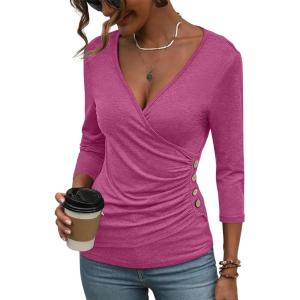 Deep V Neck 3/4 Length Sleeve Tops for Women Ruched Sexy Slim Fit Button Side Blouse(Rose Pink)