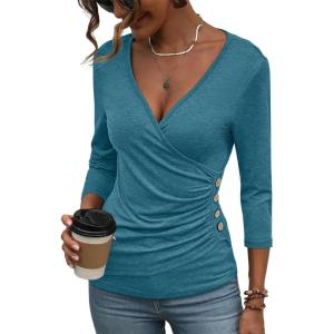 Deep V Neck 3/4 Length Sleeve Tops for Women Ruched Sexy Slim Fit Button Side Blouse(Teal Blue)