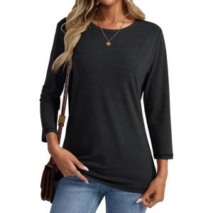 Womens 3/4 Length Sleeve Crew Neck Shirts Casual Tunic T-Shirts Basic Tee Trendy Fall Outfits Clothes(Black)
