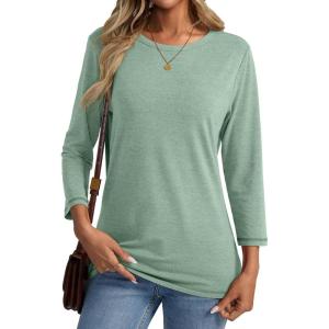 Womens 3/4 Length Sleeve Crew Neck Shirts Casual Tunic T-Shirts Basic Tee Trendy Fall Outfits Clothes(Light Green)