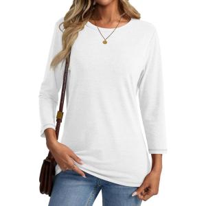 Womens 3/4 Length Sleeve Crew Neck Shirts Casual Tunic T-Shirts Basic Tee Trendy Fall Outfits Clothes(White)