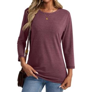 Womens 3/4 Length Sleeve Crew Neck Shirts Casual Tunic T-Shirts Basic Tee Trendy Fall Outfits Clothes(Wine Red)
