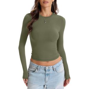 Womens Double Lined Long Sleeve Tops Crew Neck Fitted Basic T Shirts Crop Going Out Tops 2026(Army Green)