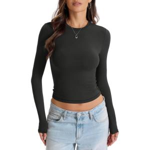 Womens Double Lined Long Sleeve Tops Crew Neck Fitted Basic T Shirts Crop Going Out Tops 2026(Black)