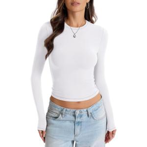 Womens Double Lined Long Sleeve Tops Crew Neck Fitted Basic T Shirts Crop Going Out Tops 2026(Pure White)