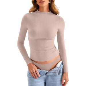 Womens Double Lined Mock Turtle Neck Long Sleeve Tops Slim Fitted Going Out Tops Basic T Shirts(Apricot)