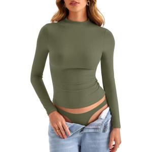 Womens Double Lined Mock Turtle Neck Long Sleeve Tops Slim Fitted Going Out Tops Basic T Shirts(Army Green)