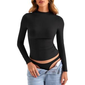 Womens Double Lined Mock Turtle Neck Long Sleeve Tops Slim Fitted Going Out Tops Basic T Shirts(Black)