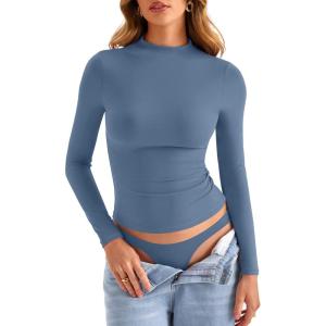 Womens Double Lined Mock Turtle Neck Long Sleeve Tops Slim Fitted Going Out Tops Basic T Shirts(Dusty Blue)
