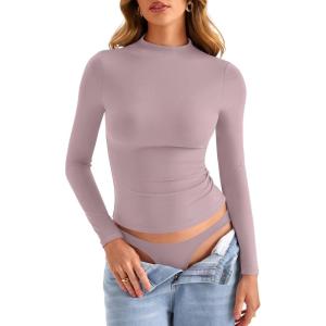 Womens Double Lined Mock Turtle Neck Long Sleeve Tops Slim Fitted Going Out Tops Basic T Shirts(Dusty Pink)