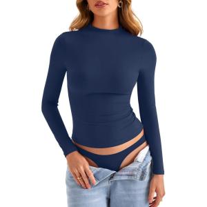 Womens Double Lined Mock Turtle Neck Long Sleeve Tops Slim Fitted Going Out Tops Basic T Shirts(Estate Blue)