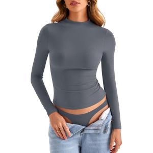 Womens Double Lined Mock Turtle Neck Long Sleeve Tops Slim Fitted Going Out Tops Basic T Shirts(Grey)