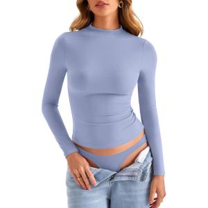 Womens Double Lined Mock Turtle Neck Long Sleeve Tops Slim Fitted Going Out Tops Basic T Shirts(Light Blue)