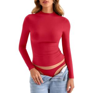 Womens Double Lined Mock Turtle Neck Long Sleeve Tops Slim Fitted Going Out Tops Basic T Shirts(Red)