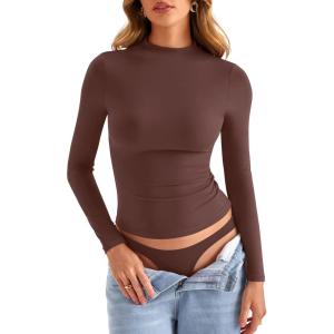 Womens Double Lined Mock Turtle Neck Long Sleeve Tops Slim Fitted Going Out Tops Basic T Shirts(Reddish Brown)
