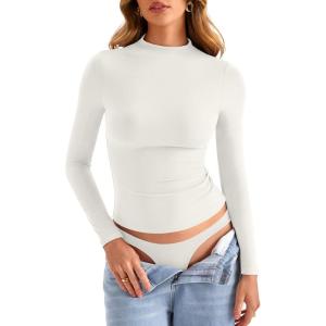 Womens Double Lined Mock Turtle Neck Long Sleeve Tops Slim Fitted Going Out Tops Basic T Shirts(White Cream)