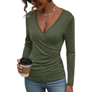 Women’s Long Sleeve Deep V Neck Tops Wrap Ruched Slim Fit Shirts Button Side Blouse Sexy Fall Outfits 2025(Army Green)
