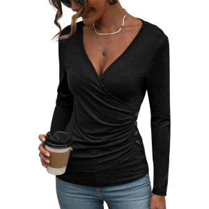 Women’s Long Sleeve Deep V Neck Tops Wrap Ruched Slim Fit Shirts Button Side Blouse Sexy Fall Outfits 2025(Black)