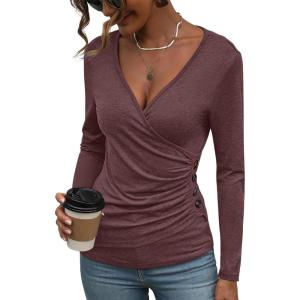 Women’s Long Sleeve Deep V Neck Tops Wrap Ruched Slim Fit Shirts Button Side Blouse Sexy Fall Outfits 2025(Burgundy)