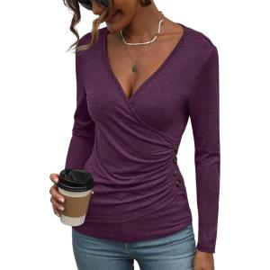 Women’s Long Sleeve Deep V Neck Tops Wrap Ruched Slim Fit Shirts Button Side Blouse Sexy Fall Outfits 2025(Dark Purple)