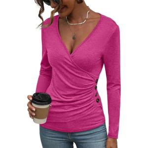 Women’s Long Sleeve Deep V Neck Tops Wrap Ruched Slim Fit Shirts Button Side Blouse Sexy Fall Outfits 2025(Hot Pink)