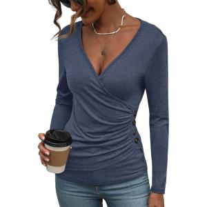 Women’s Long Sleeve Deep V Neck Tops Wrap Ruched Slim Fit Shirts Button Side Blouse Sexy Fall Outfits 2025(Navy Blue)