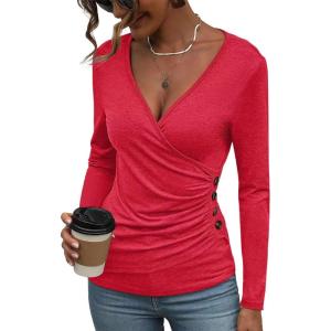 Women’s Long Sleeve Deep V Neck Tops Wrap Ruched Slim Fit Shirts Button Side Blouse Sexy Fall Outfits 2025(Red)