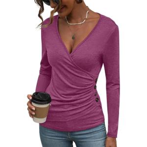 Women’s Long Sleeve Deep V Neck Tops Wrap Ruched Slim Fit Shirts Button Side Blouse Sexy Fall Outfits 2025(Rose Pink)