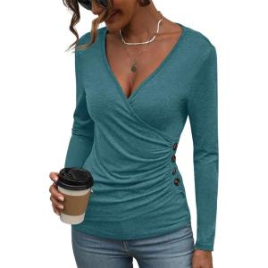 Women’s Long Sleeve Deep V Neck Tops Wrap Ruched Slim Fit Shirts Button Side Blouse Sexy Fall Outfits 2025(Teal Blue)
